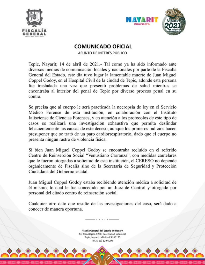 ComunicadoFiscalía - Muerte Juan Miguel Coppel Godoy